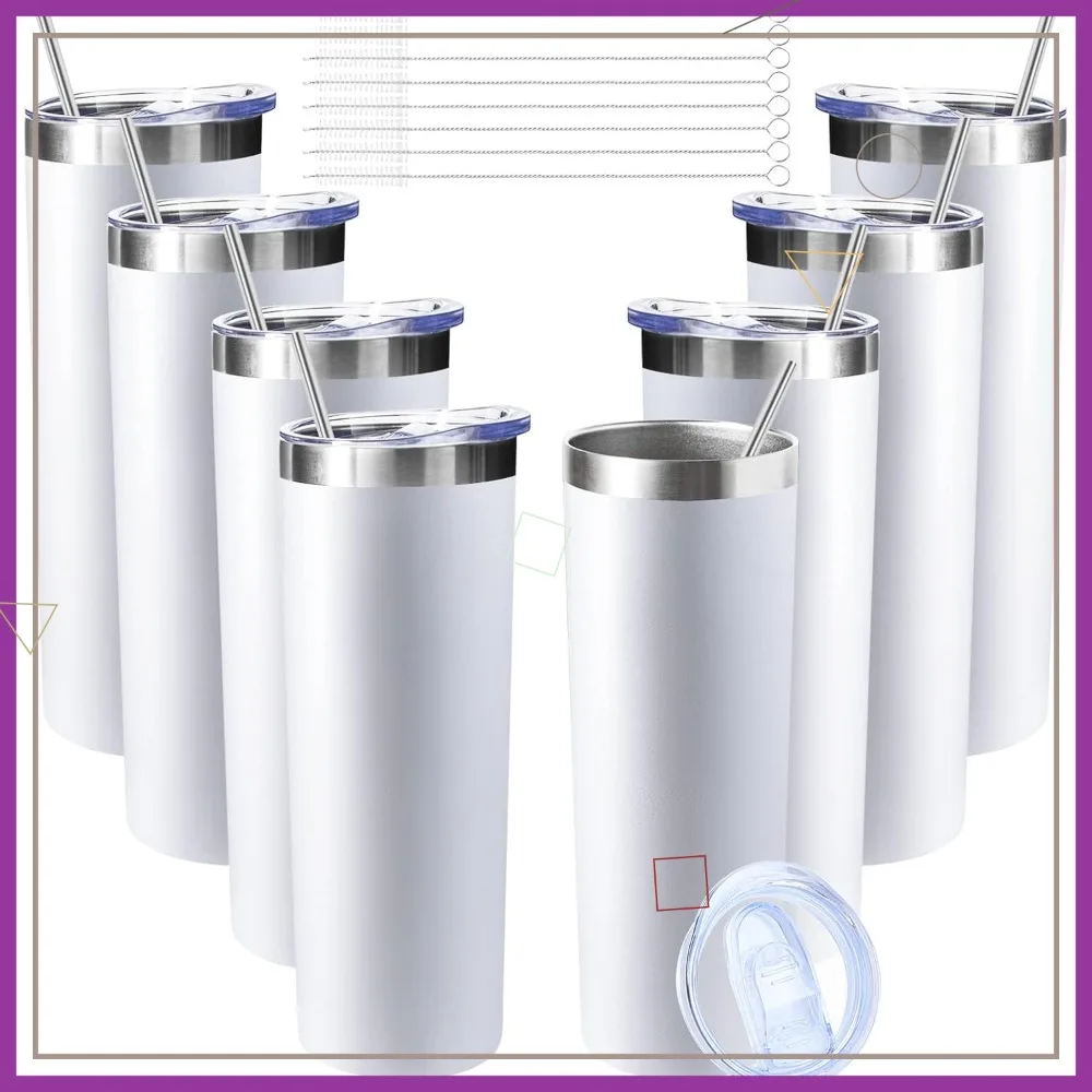 

20 oz Skinny Tumbler with Lid & Straw, Stainless Steel Vacuum Insulated Travel Mug for Hot/Cold Drinks - White