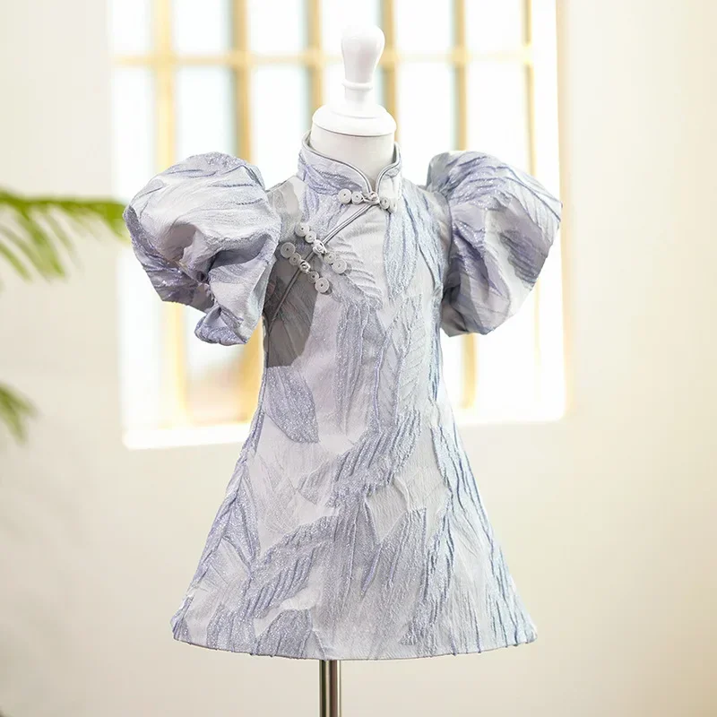 Children's cheongsam summer Chinese style little girl host costume Puff Sleeve Print Dresses For Kids Baptism Birthday Party