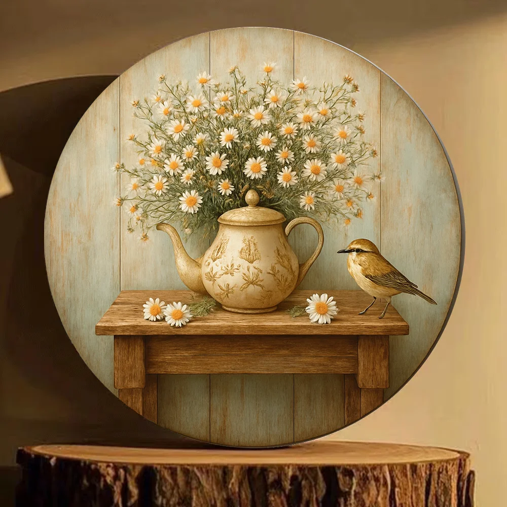 2D Flat 1 Daisy Teapot Small Bird Pattern Metal Sign Round Decorative Painting, Size (7.87 Inches X 7.87 Inches / 20 Cm * 20 Cm)