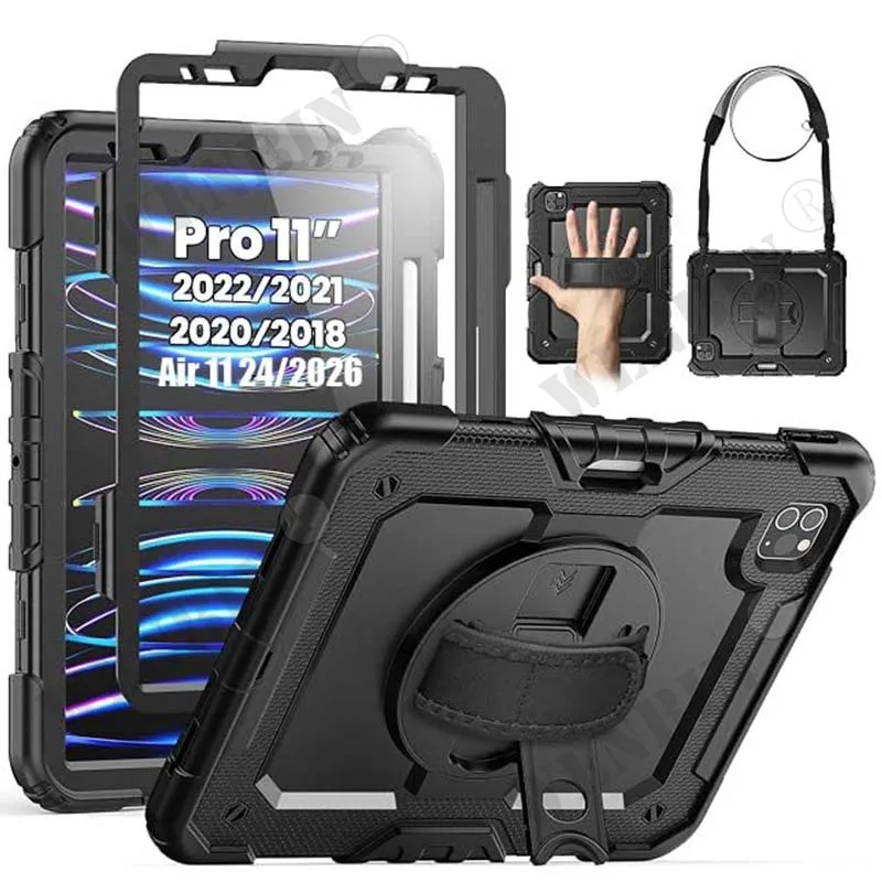 ipad-pro-11-2018-2022、air-4、air-5、air-11-2024-2026用ケース、頑丈な回転式耐衝撃スタンド、ハンド・ショルダーストラップ付き、ブラックケース