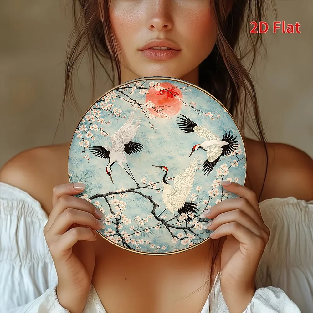 2D Flat - 【2D Flat】 2D Flat Print 1pc Metal Iron Sign 2D Flat Metal Sign Circular Decorative Painting with a Red-Crowned Crane A