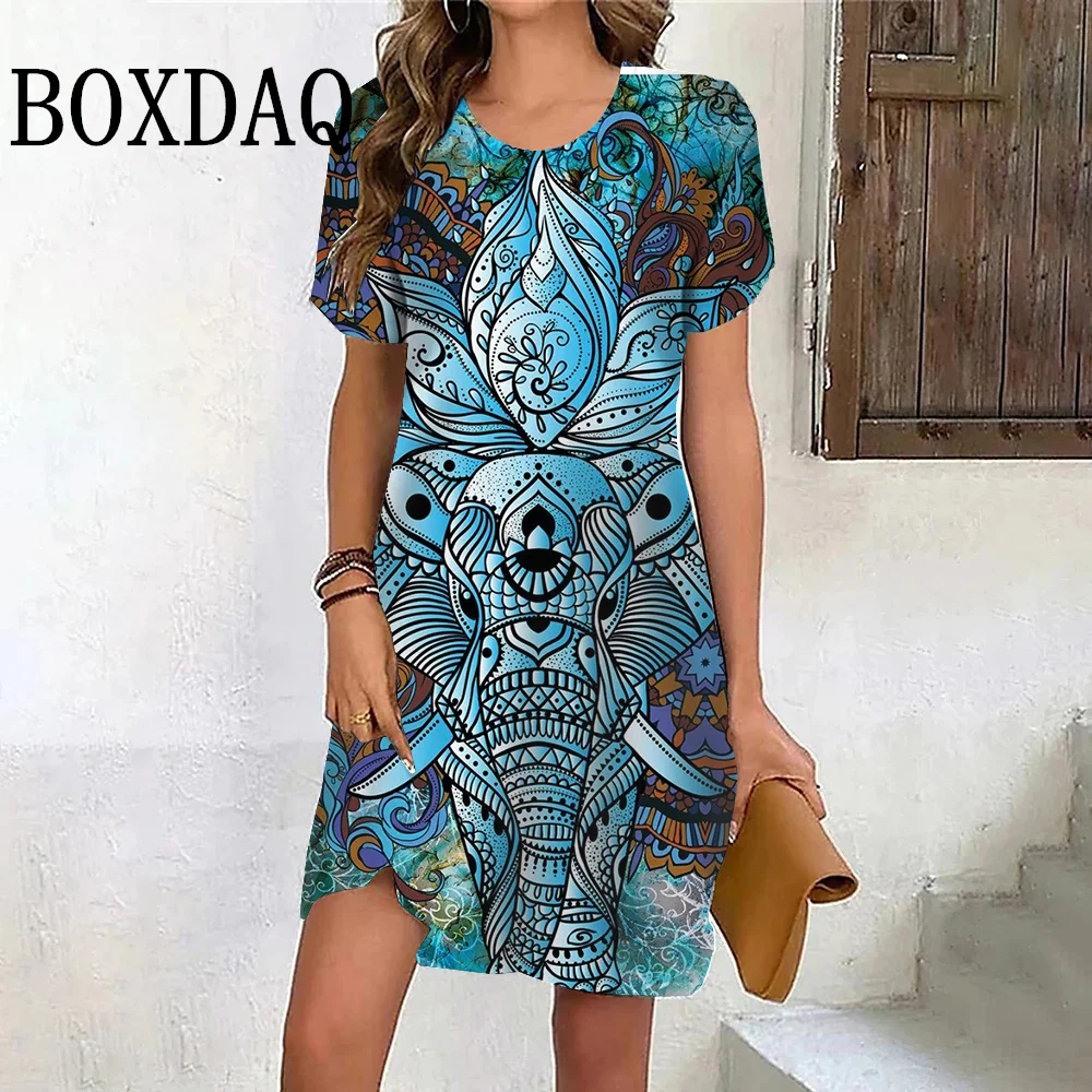 Gradient Leaves Print Dress Women Fashion Abstract Party Mini Dress Summer Casual Short Sleeve O-Neck Loose Dresses Plus Size