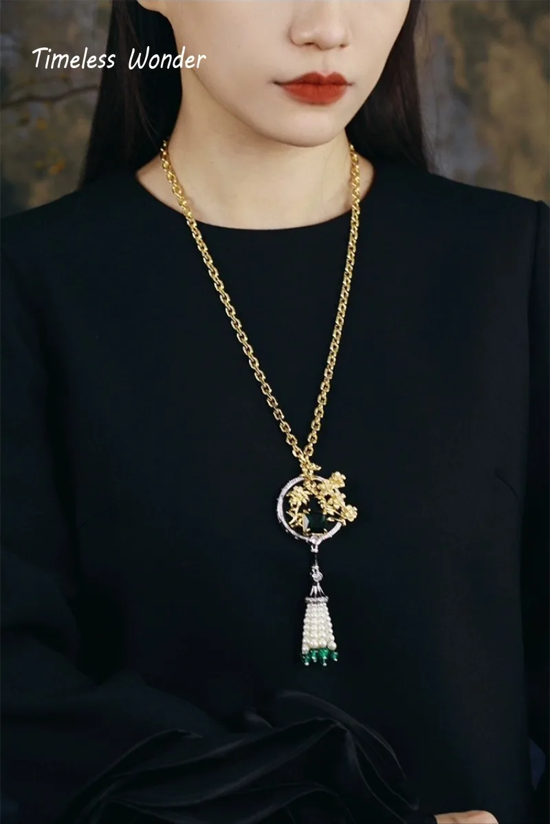 

Timeless Wonder Fancy Zircon Geo Tassel Pendant Necklace for Women Designer Jewelry Rare Top Runway Gift Trendy 2617
