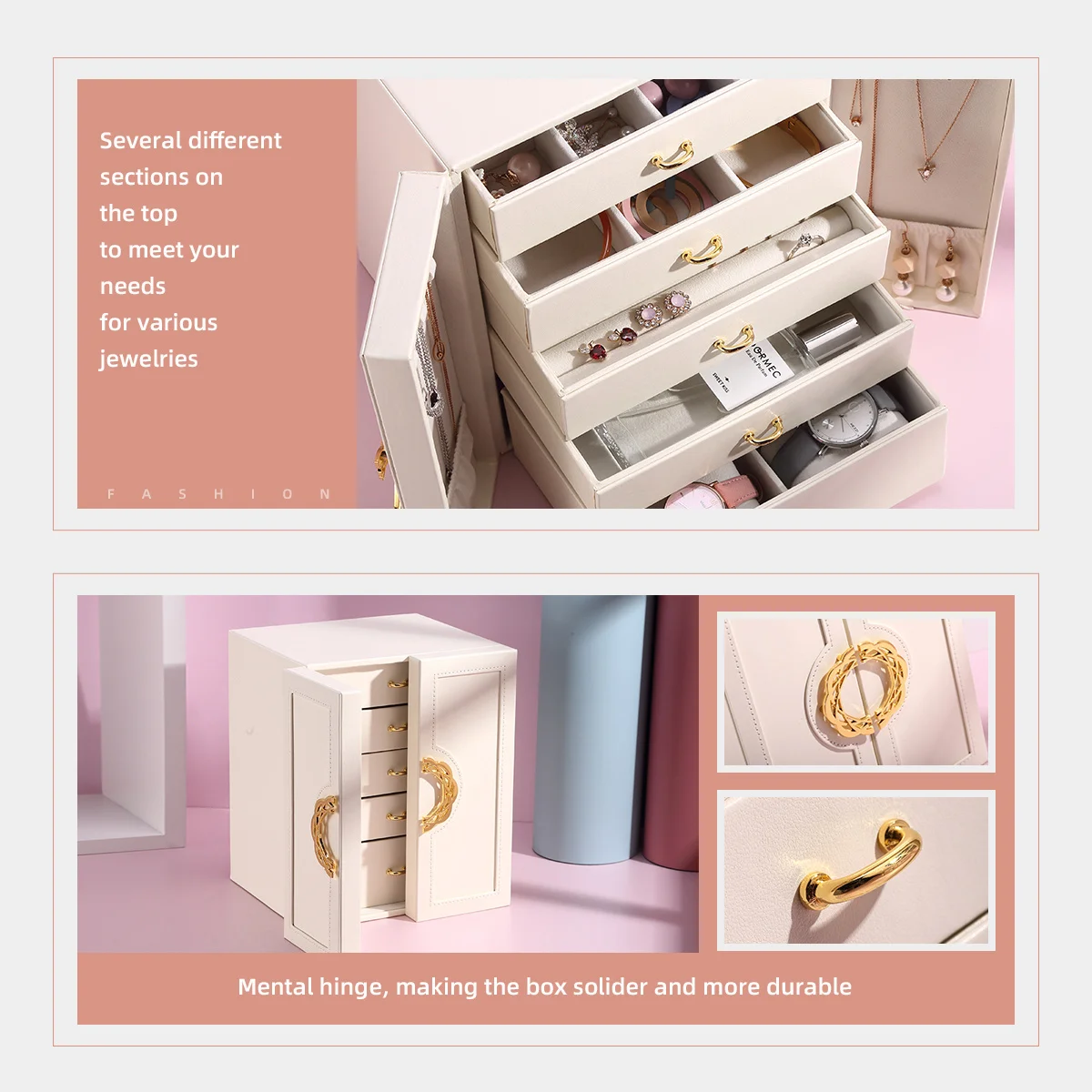 5-Drawer Faux Leather Jewelry Box, Soft Lined Interior, Golden Handles. Elegant Storage for Rings, Necklaces, Earrings.