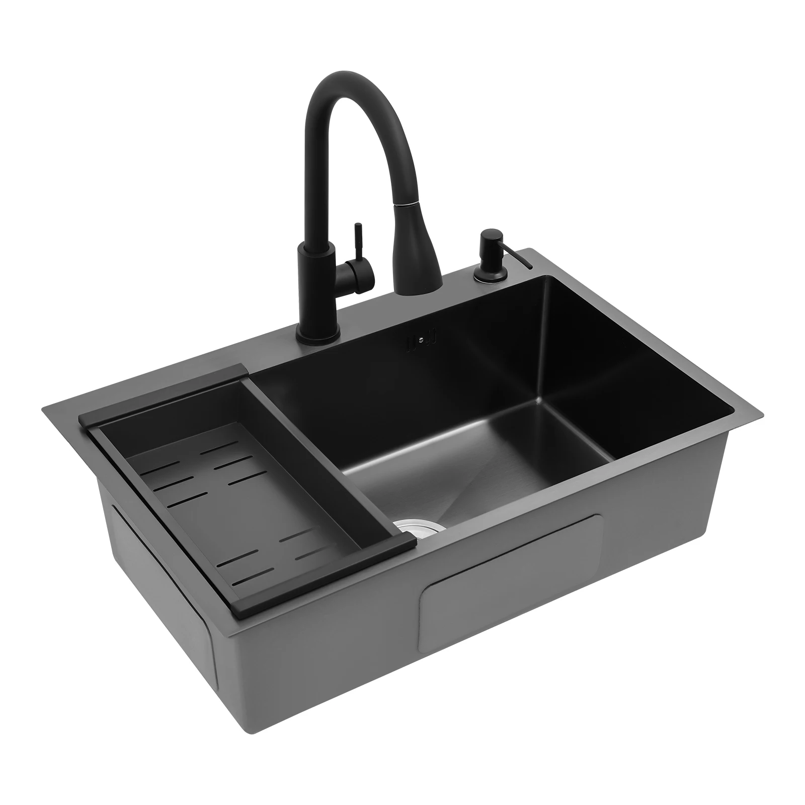 

Кухонная мойка из нержавеющей стали с сливной корзиной, выдвижной кран, дозатор мыла 68*45*20 см