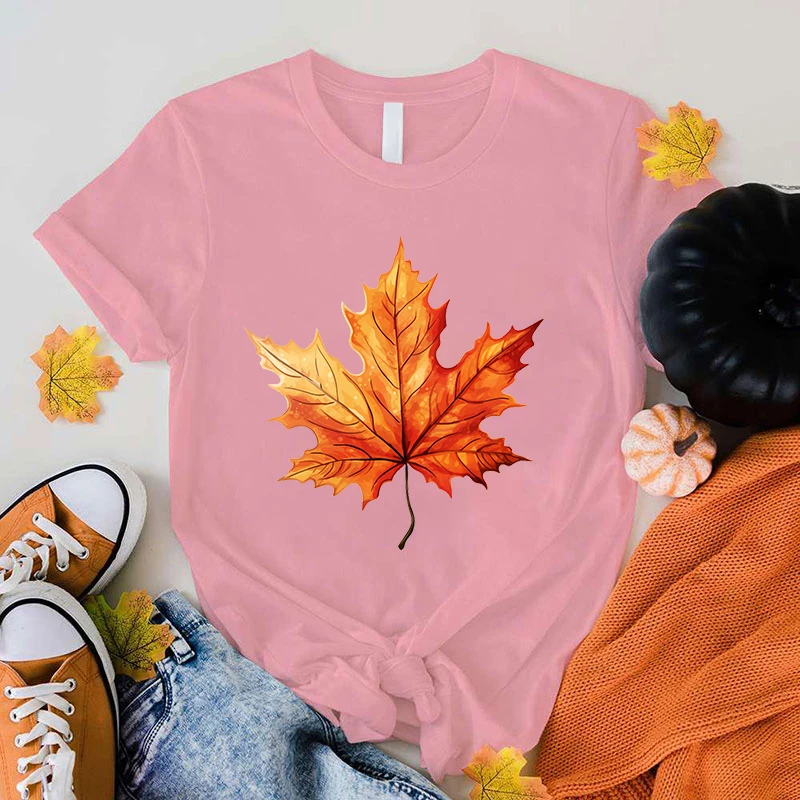 (Premium T-shirt)Fall Maple Leaf Printing T Shirt Women Tops Tees Summer Cool Loose Short Sleeve(Fast Delivery)