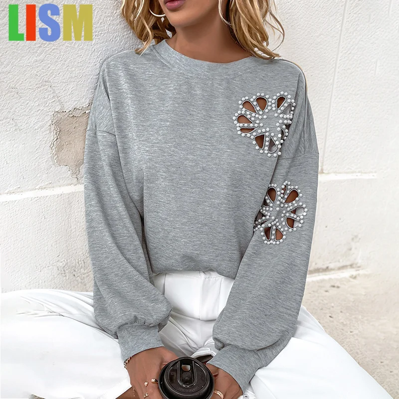 

LISM women's winter clothes y2k sweatshirt 2025 Pearl Decorative Hollow Flower Pattern Round Neck Long Sleeve Sweatshirt
