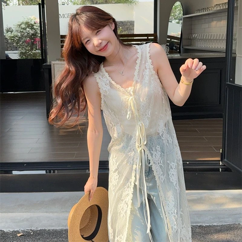 Vestido coreano dulce con lazo frontal, de encaje beige, sin mangas, para mujer, elegante, largo, estilo boho, de una pieza, tipo camisa, tipo cárdigan.