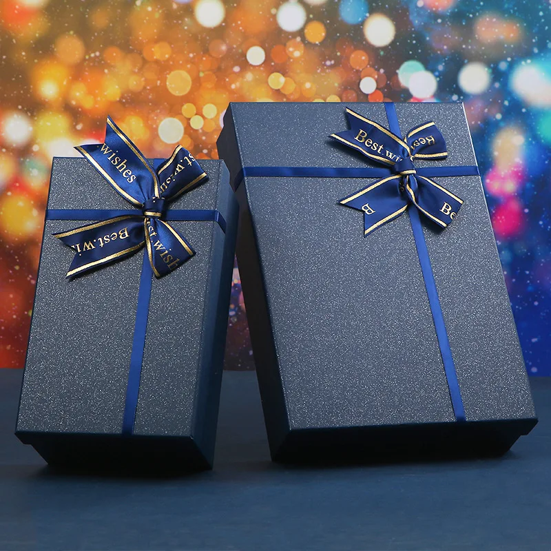 

3set Luxury Blue Foil Gift Box With Satin Bow And Matching Handle Bag Top and Bottom Gift Box for Cosmetics,Perfumes,Shirts,Wine
