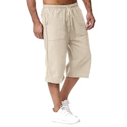 Pantalones cortos informales para hombre, Shorts de algodón mezclados, cintura elástica larga, bolsillo suelto con cordón, 2024 de longitud, ropa de calle diaria, verano 3/4