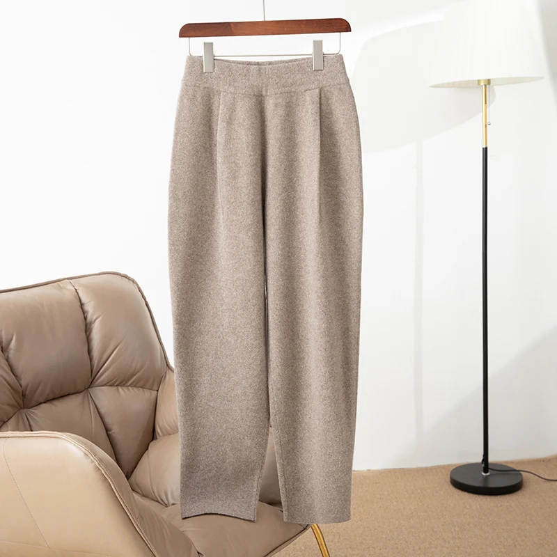 100% merino wool women's knitted trousers, popular, warm, creased, harem pants 2024 autumn and winter new style