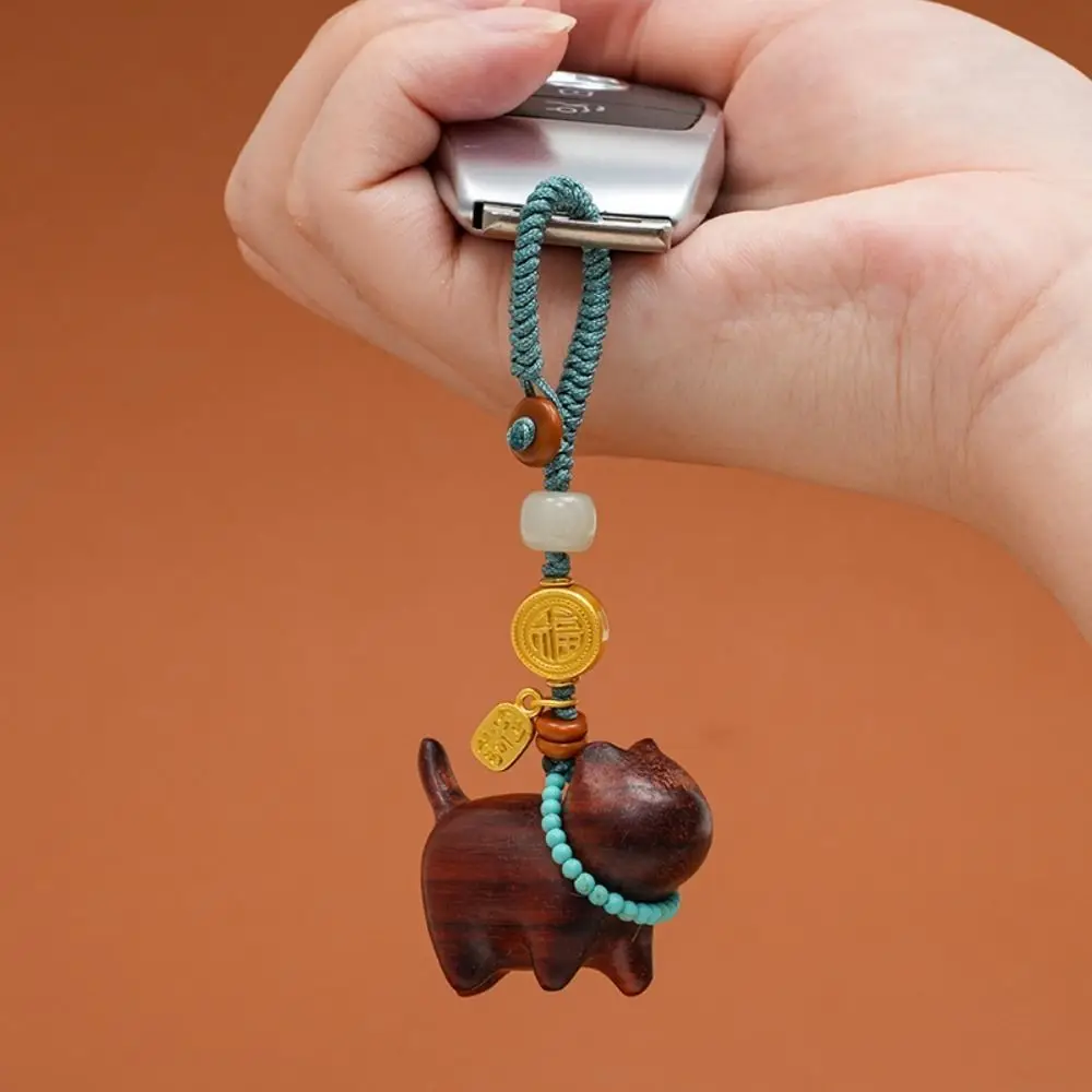 

Trendy Kawaii Lucky Cat Keychain Sandalwood Fortune Cat Hang Ornament Anti-lost Lanyard Phone Charm Gifts