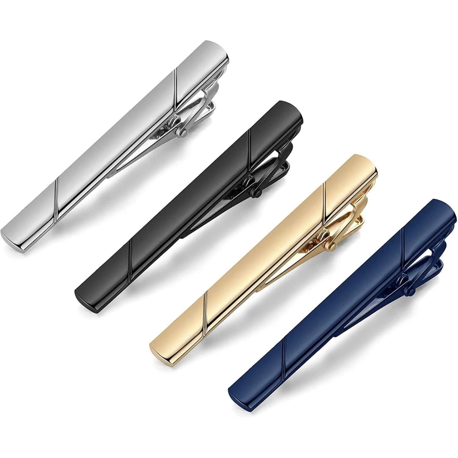 (Paquete de 4 piezas) Clips de corbata para hombres, juego de barra de corbata negra, dorada, azul y plateada para corbatas regulares, caja de lujo Ideas de regalo novio