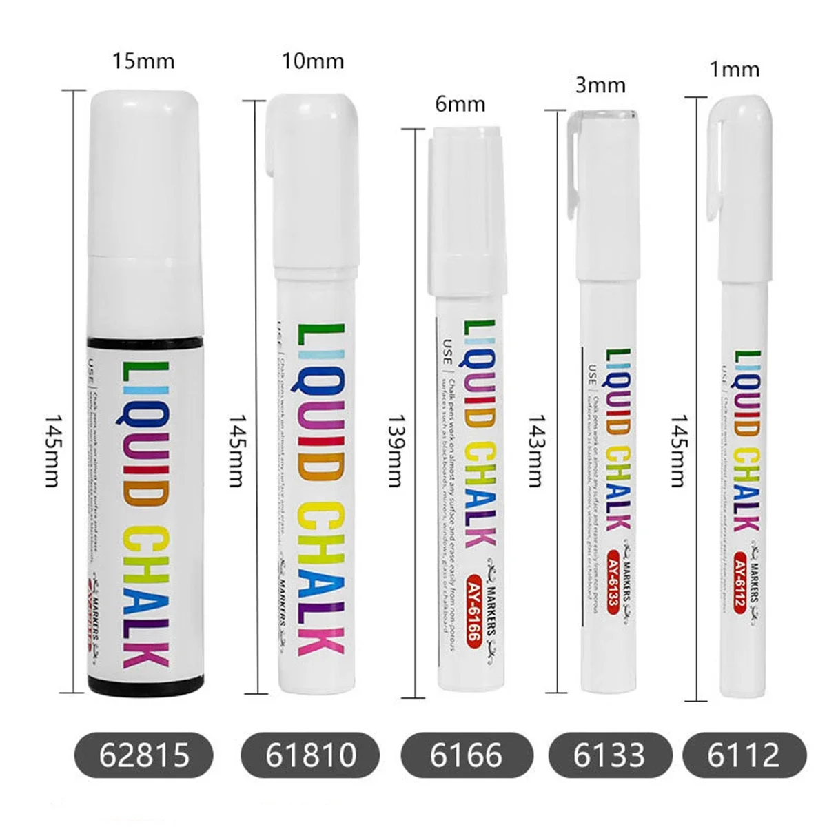 Marcador de giz líquido branco, 5 peças, apagável, não tóxico, à base de água, 1-15mm para quadros negros, marcadores de janelas