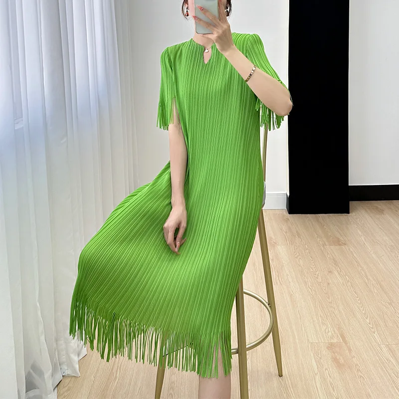 

Miyake Fold 2023New High-end Tassel Splicing Mid-Length Dress Women's Summer Comfortable Temperament Short-Sleeved Dress Fashion