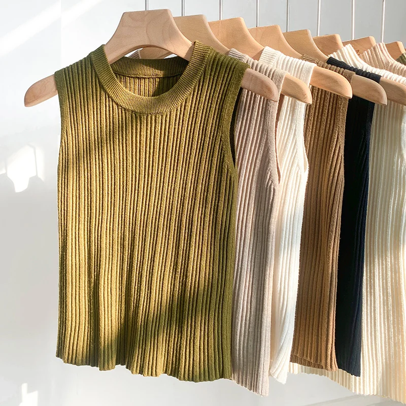 Blusa sin mangas, camisa para mujer, chaleco de punto acanalado con cuello redondo, chaleco liso, Tops de verano para mujer, Tops informales básicos, traje