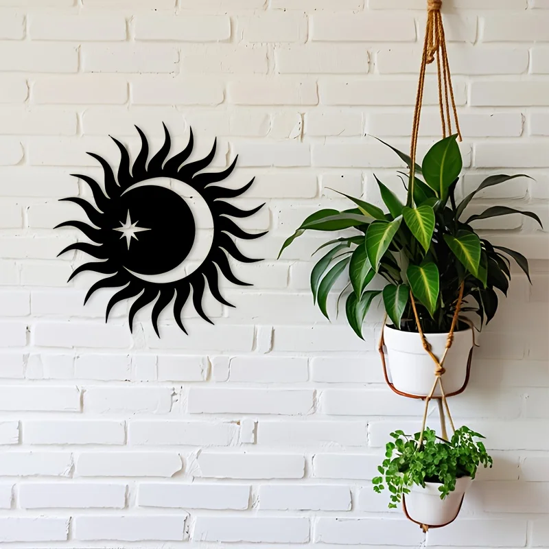 Arte de pared de metal plano 2D - 1 pieza con diseño de sol, luna y estrella en estilo silueta