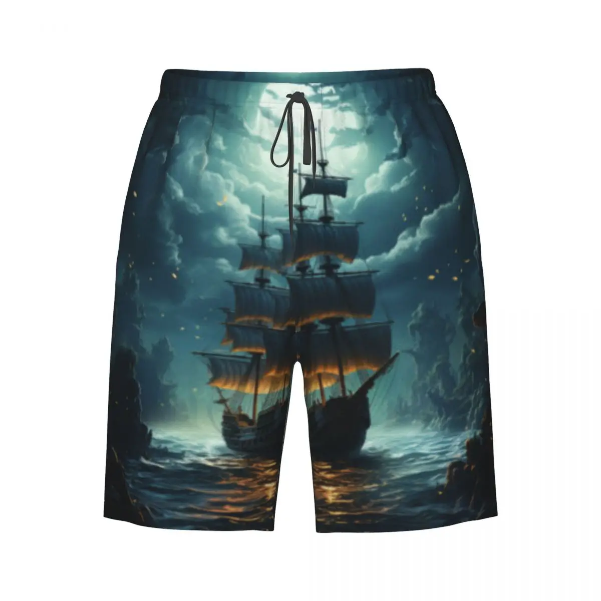 

Пиратский корабль в море в полнолуние Фэнтезийная иллюстрация Пляжные шорты для доски Купальники для плавания Шорты для серфинга Купальники Шорты