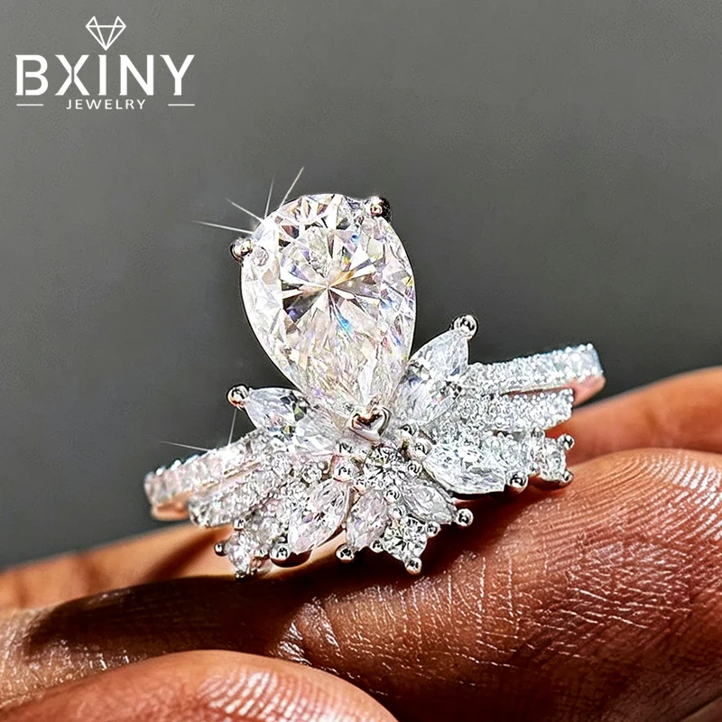 BXINY 2Carat Pear Cut Moissanite Rings Pure S925 Silver for Women WaterDrop Diamond Crown Shape Wedding Bands Gifts Fine Jewelry