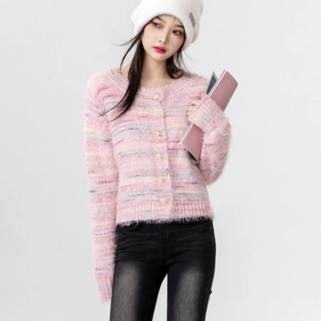 Rainbow Striped Autumn Winter New Pink Top Women's Fashion Knitted Cardigan Kawaii Sweater  Cropped Cardigan