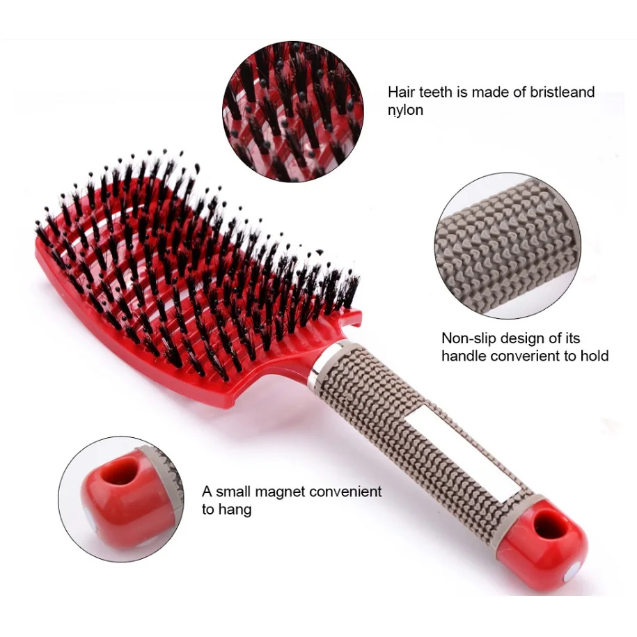 Peigne de Énergie du Cuir oral elu pour Femme, Brosse à Cheveux en Poils de Nylon, Support, Poignées Bouclées, Angle, Salon de Coiffure, Outils de Coiffure