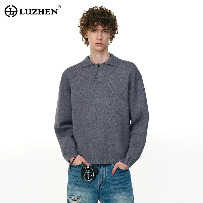 

LUZHEN 2025 новый элегантный однотонный вязаный пуловер с воротником поло и длинными рукавами, мужской стильный красивый свитер высокого качества JY5221