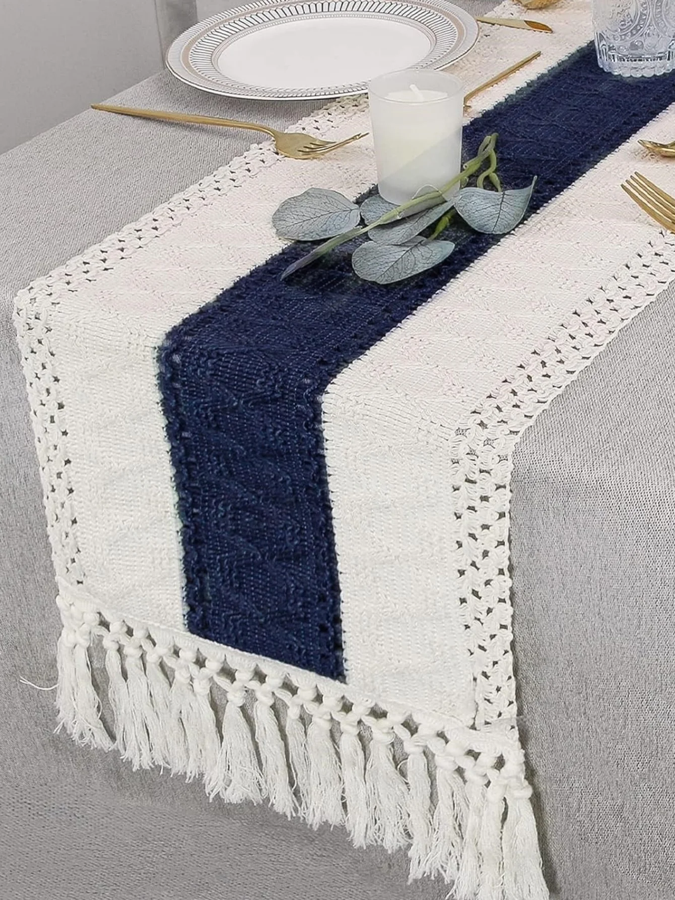 Blue Table Runner Handmade Hemstitch Boho Table Runner Or Dresser Scarf,Classic Table Runner with Tassels for Dining Table Decor