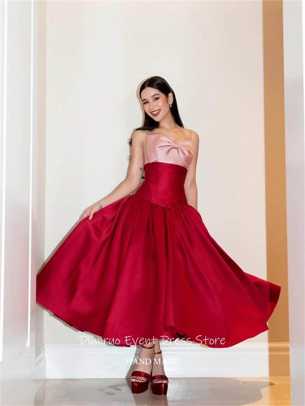 Dianruo Rosso E Rosa Una Linea di Abito Da Sera Midi di Lunghezza Senza Spalline Robe De Soirée Femme Arco Abiti Para Mujer Personalizzato