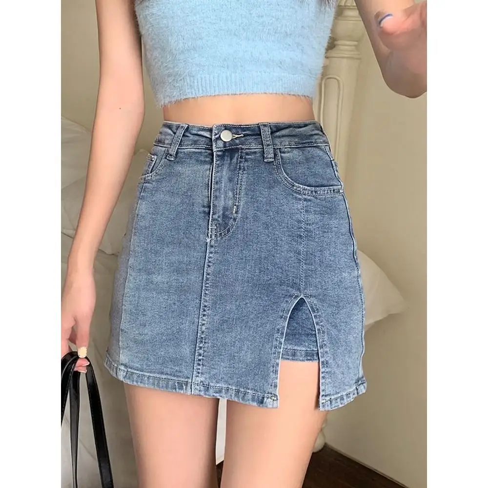 High Waist A-Line  Skirt Denim Skirt Women's Spring Autumn High Elasticity Open Slit Skirt Anti-Light Skirt
