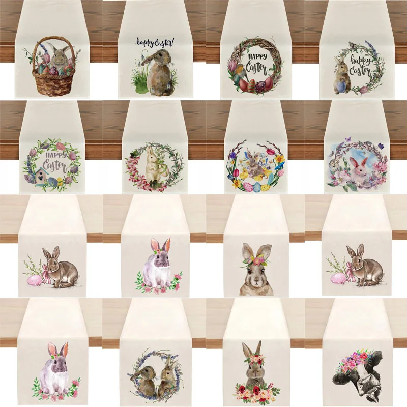 HOT Linen Easter bunny flower cow printed table runner flag cover kitchen tablecloth party Table decoration and accessories