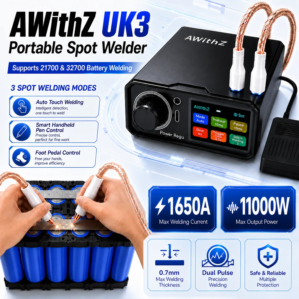Awithz UK3 Portable Battery Spot Welder DIY Mini Welding Machine 18650 Lithium Battery Pack Welding Tool 10000mah Weldable 0.7mm