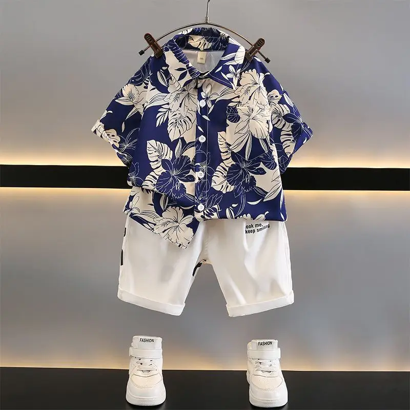 

Boys Summer Lapel Print Contrasting Color Cute Single Row Multi Button Children's Short Sleeved Two-piece Shirt and Shorts Suit