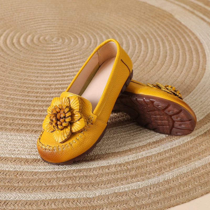 

Statement Floral Cow Leather Ballet Flats New Women's Shoes Hand Sewn Slip On Moccasins Ladies Retro Loafers For Daily Outfits