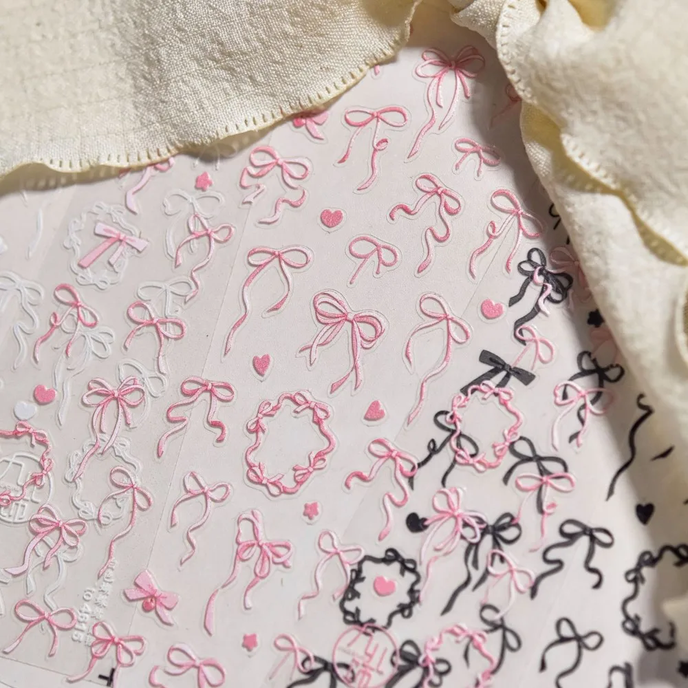 Cinta de seda rosa/blanca/negra 5D, pegatina para uñas con lazo, lazo elegante, autoadhesivo, pegatina artística para uñas, calcomanías deslizantes con lazo encantador brillante