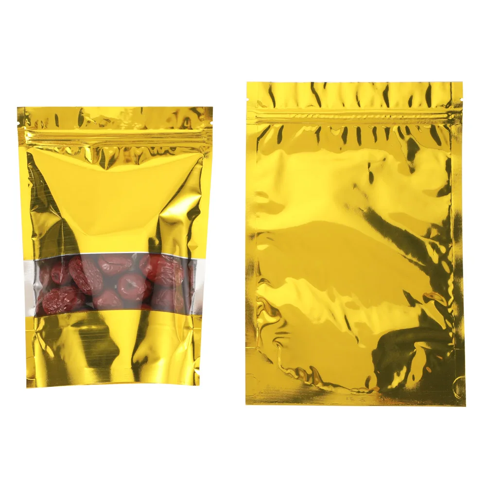100pcs Gold Stand Up Zip Lock Bags with Clear Window - Zipper Reusable Aluminizing Self Standing Nuts & Snacks Packing Pouches