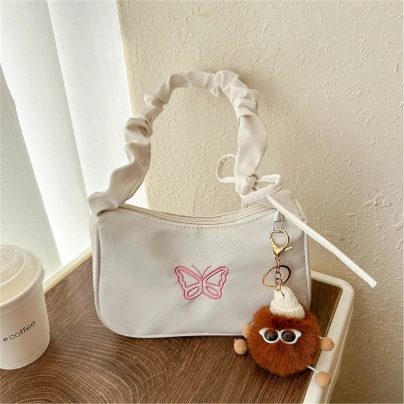 Fashion Women Shoulder Bags Nylon Sling Bag Embroidered Butterfly Underarm Bags Handbags Elegant Female Pleated Tote Bag