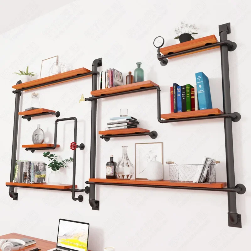 Retro industrial wall wrought iron water pipe rack Restaurant milk tea shop decorative wall rack solid wood multi-layer storage