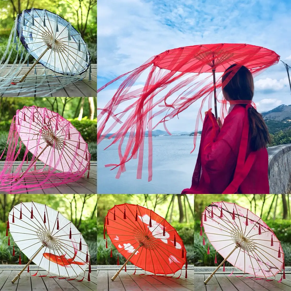 Hanfu Chinese Style Decorative Umbrella  Antique Ribbon Tassel Umbrellas Dance Performance Photography Props Cosplay Room Decor