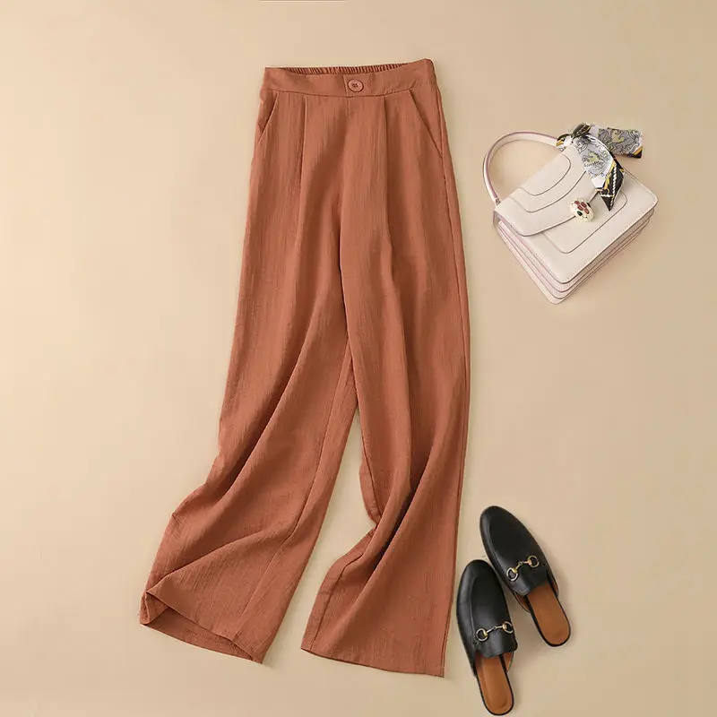 

Широкие брюки из чистого льна, женские летние тонкие свободные прямые драпированные брюки с высокой талией, повседневные зеленые длинные брюки E9283