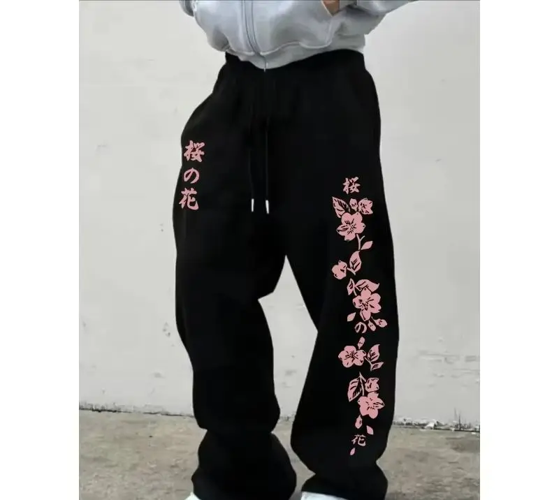 

Loose wide leg casual pants, suitable for all seasons men's casual sports pants cherry blossom print sports pants drawstring