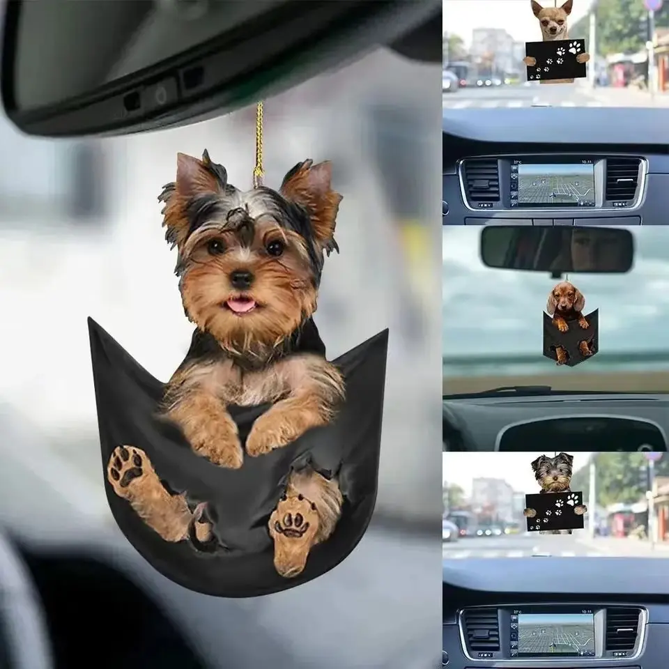 Funny Car Pendant Cute Dog Hanging Car Rear View Mirror Pocket Little Dog Swing Auto Interior Decoration Hanging Puppy Ornaments