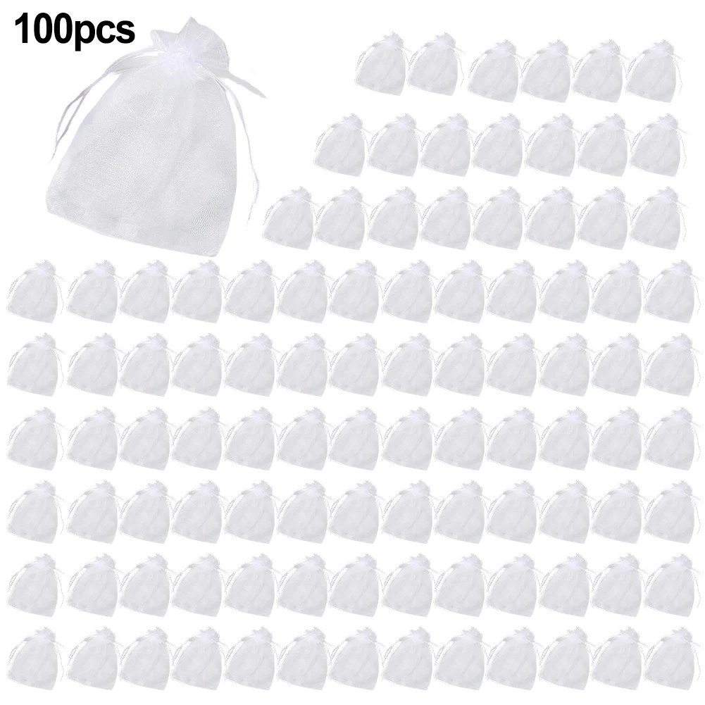 100pcs White Organza Bags 10x15cm Drawstring Pouches For Wedding Valentine Party Packaging Jewelry Storage Supplies