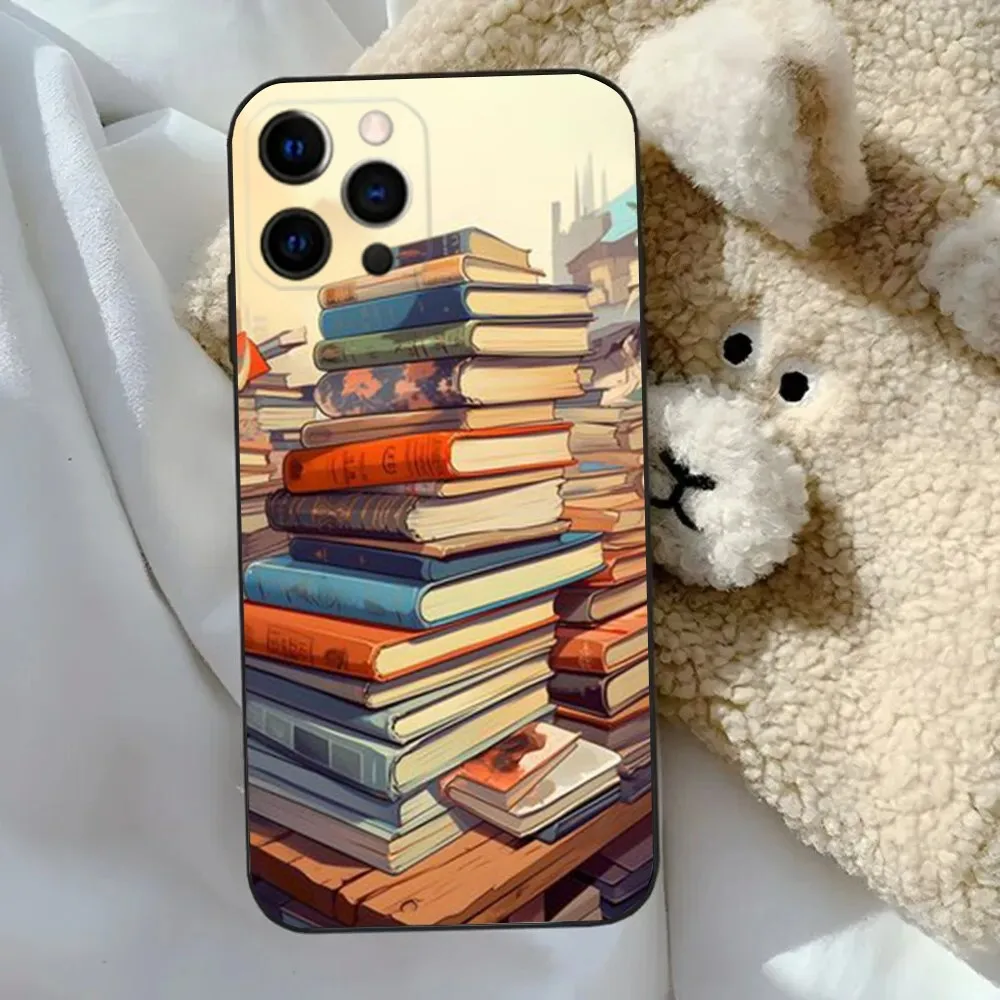 Lees boeken illustratie telefoonhoesje voor Apple iPhone 15,14,13,12,11,Pro,X,XS,Max,XR,Plus,Mini zachte zwarte cover