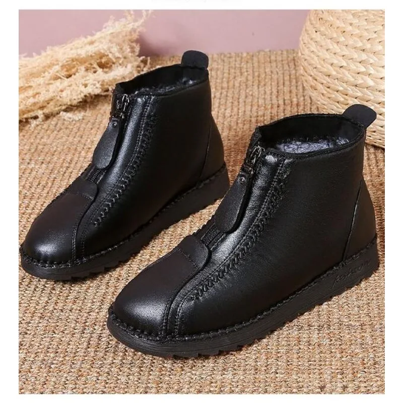 New Winter Women Ankle Boots Fashion Warm Mother\'s Boots Flat-Bottom Comfortable Non Slip Front Zipper Closure Female Footwear