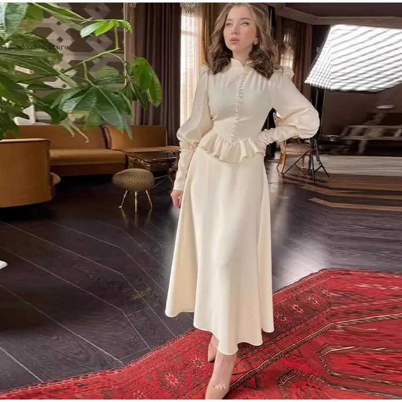 Summer Autumn Lady Outfit Shirt Skirt Women Set Stand Button Long Lantern Sleeve Long Skirts Elegant Causal