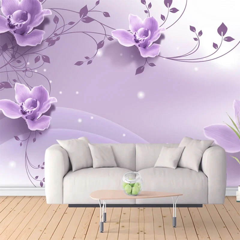 Papel tapiz personalizado 3D romántico elegante con flores moradas para sala de estar, TV, pared de fondo, pintura de pared 3D, decoración de pared del hogar