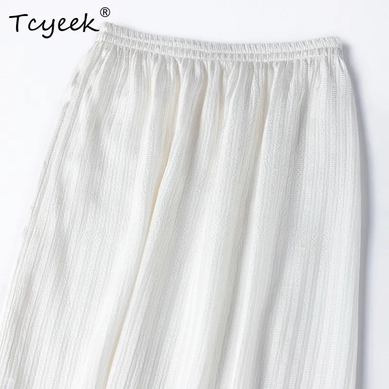Tcyeek 100% Real Silk Women Skirts 2026 Spring Elastic Waist White Side Slit Straight Skirt Female Clothes Faldas Para Mujeres
