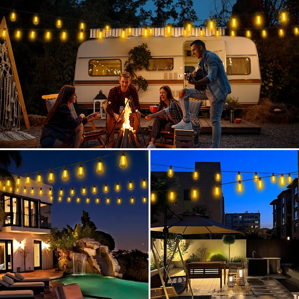 65FT Outdoor-Girlanden-Lichterkette, 48 LEDs + 2 bruchsichere ST38-Edison-Glühbirnen, wasserdicht, für Terrasse, Veranda, Garten, Hochzeit, Dekor, Lampen, 2200 K – Detail 15