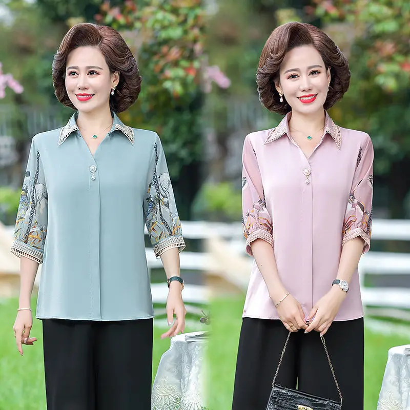 

Elegant Middle-aged and Elderly Women's Summer Chiffon Blouse Top