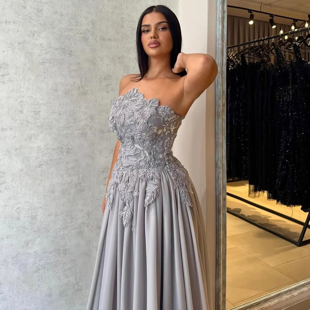 Elegante sem alças a linha vestido de noite com pérolas para mulher 2025 luxo chiffon longo formal baile de formatura vestido de festa de casamento personalizado